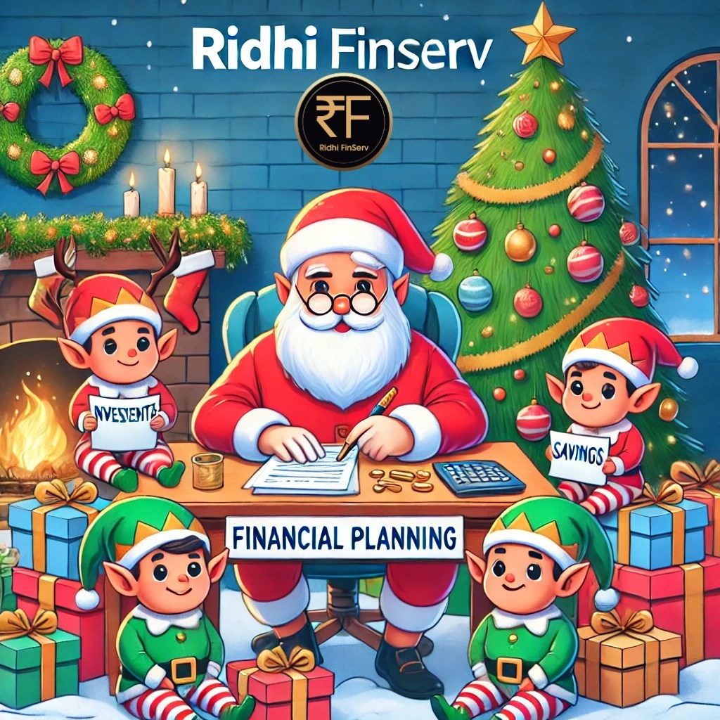 Santa Claus planning finances with elves for a prosperous New Year 2025, featuring Ridhi FinServ