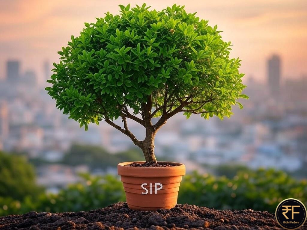 Visual representation of SIP investment growth, showing a tree sprouting from a pot labeled 'SIP', with leaves symbolizing financial goals like retirement and education, against an Indian city skyline at sunset