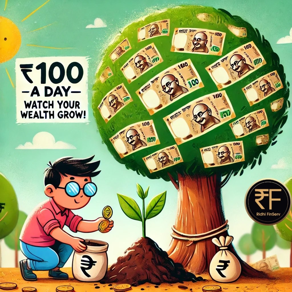 A cheerful cartoon illustration of a person planting a ₹100 note in the ground like a seed, symbolizing small daily investments. In the background, a large money tree with rupee symbols is growing, representing long-term wealth creation. The image features the tagline “₹100 a Day – Watch Your Wealth Grow!” promoting the ₹100 Daily SIP Challenge by Ridhi FinServ, encouraging smart and consistent investing in mutual funds.