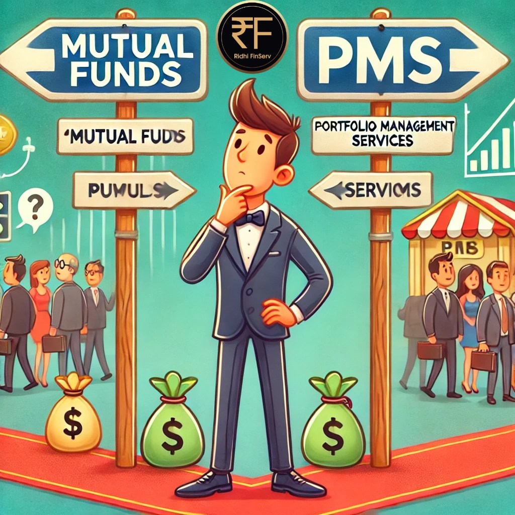 Cartoon illustration by Ridhi FinServ of an investor at a crossroads deciding between Mutual Funds (crowded path) and PMS (Portfolio Management Services) with a VIP red carpet entrance. The colorful image represents wealth growth, stock market investments, and the exclusivity of PMS as a premium financial product.
