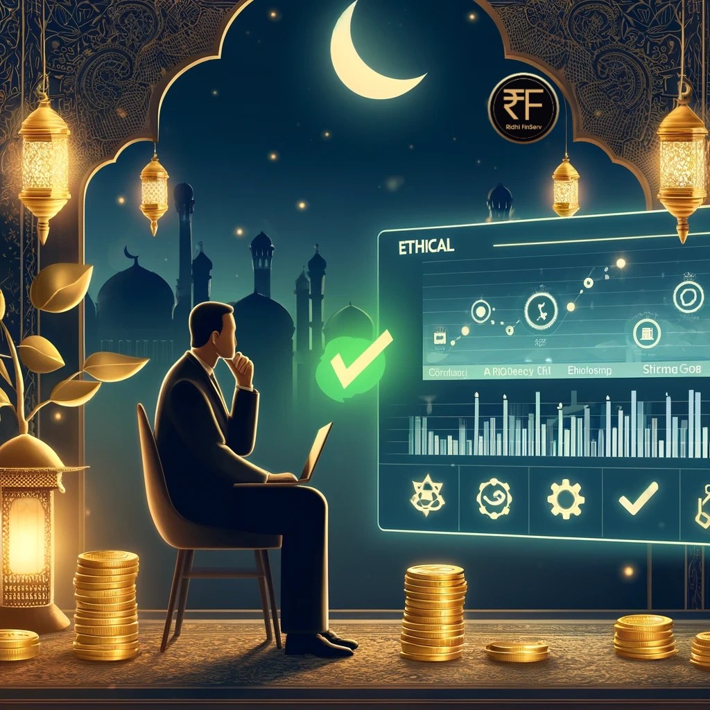 Illustration of ethical and Sharia-compliant investing during Ramadan, featuring a peaceful financial analysis scene with a crescent moon and lanterns in the background. Represents Halal investment options, including Sharia-compliant mutual funds and PMS. Created by Ridhi FinServ to promote ethical finance