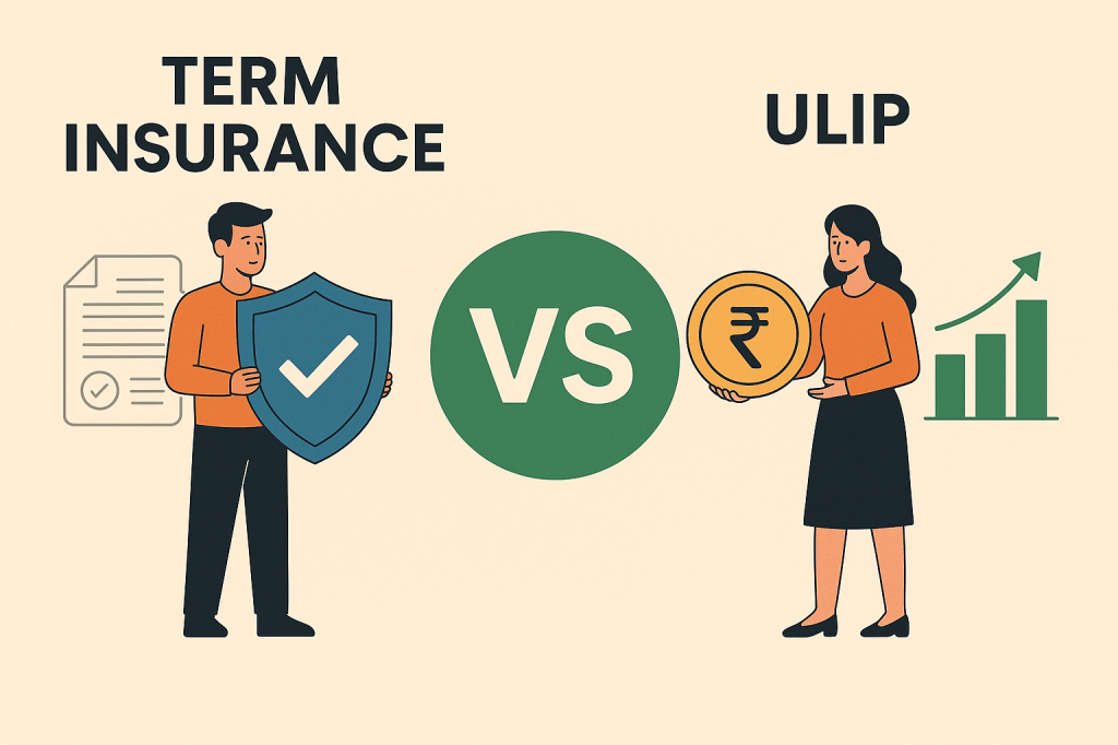 Cartoon showing a confused man at a crossroads choosing between Term Insurance with a shield icon and ULIP with a rupee and graph icon, created for Ridhi FinServ blog about Term Insurance vs ULIP in India.
