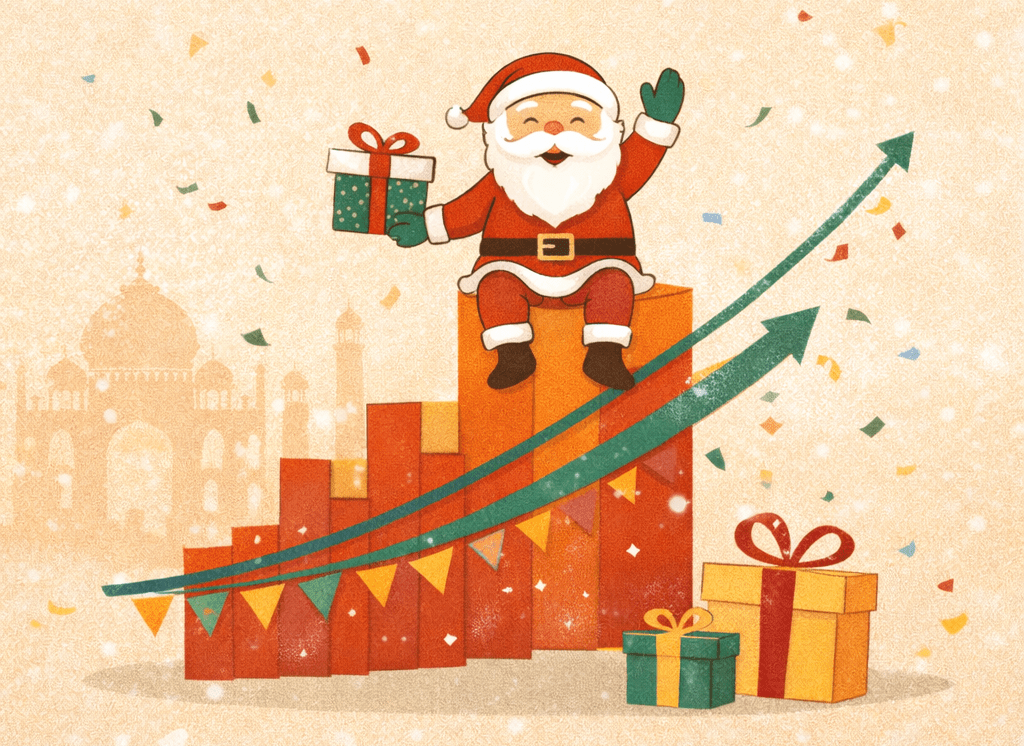 A festive illustration showing Santa Claus sitting on an upward market chart with snowflakes and holiday elements, symbolizing the Santa Claus Rally and year-end optimism in the Indian stock market.