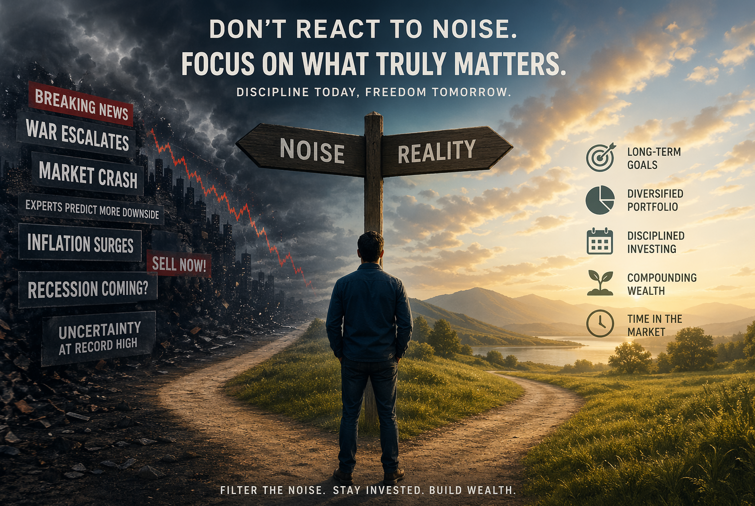 A man stands at a fork in the road between a dark, chaotic side filled with negative news headlines and a calm, bright landscape labeled reality, symbolizing the choice between reacting to market noise and staying focused on long-term investing.